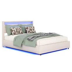 Polsterbett LED KAREN mit Stauraum 160 x 200 cm beige