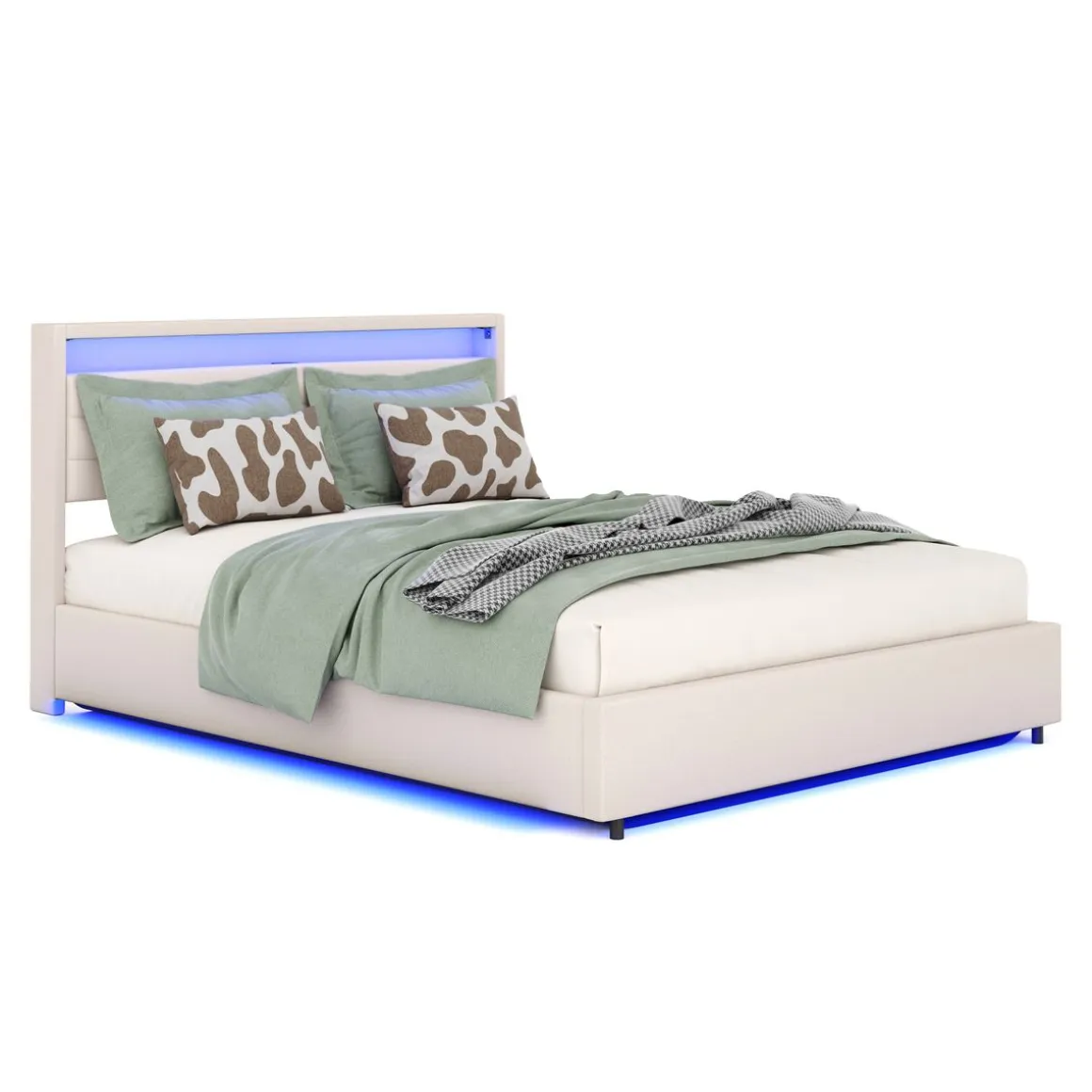 Polsterbett LED KAREN mit Stauraum 160 x 200 cm beige