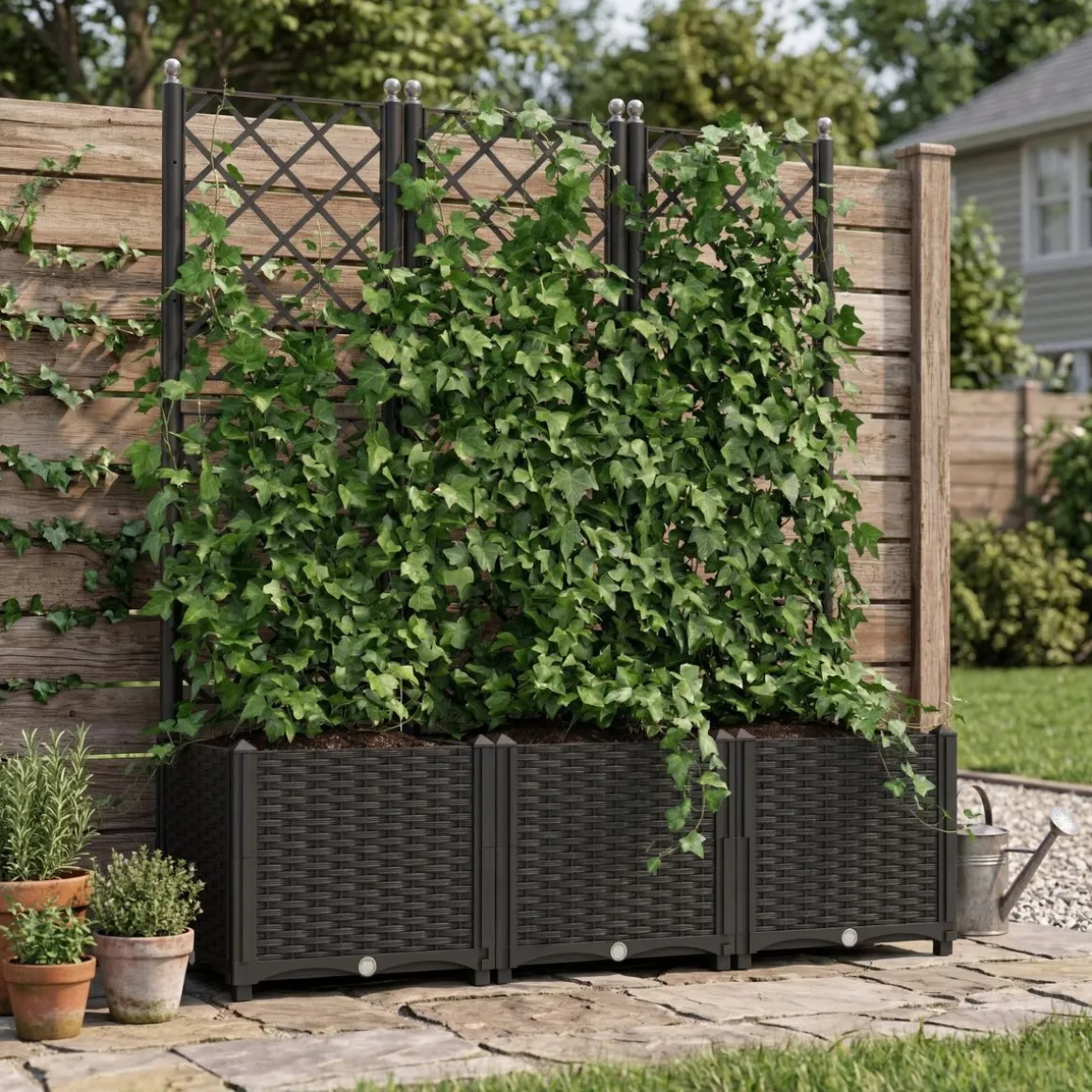 Rankgitter mit Blumenkasten Rattan 120 x 40 x 136 cm schwarz