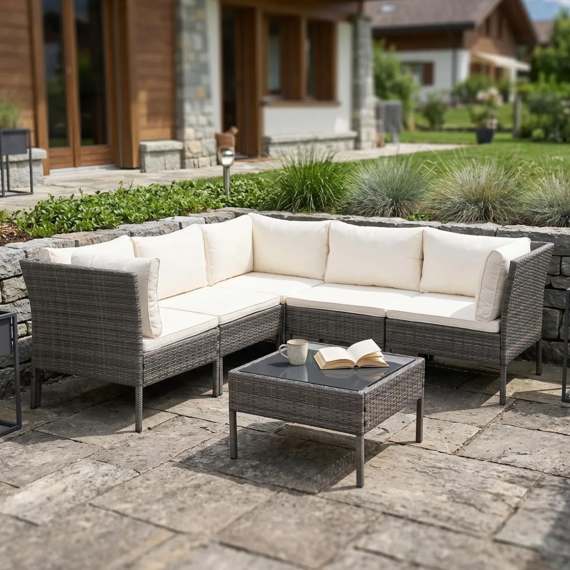 Rattanlounge BARI grau/beige