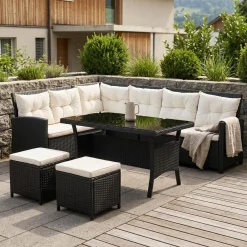 Rattanlounge CANNES schwarz/beige