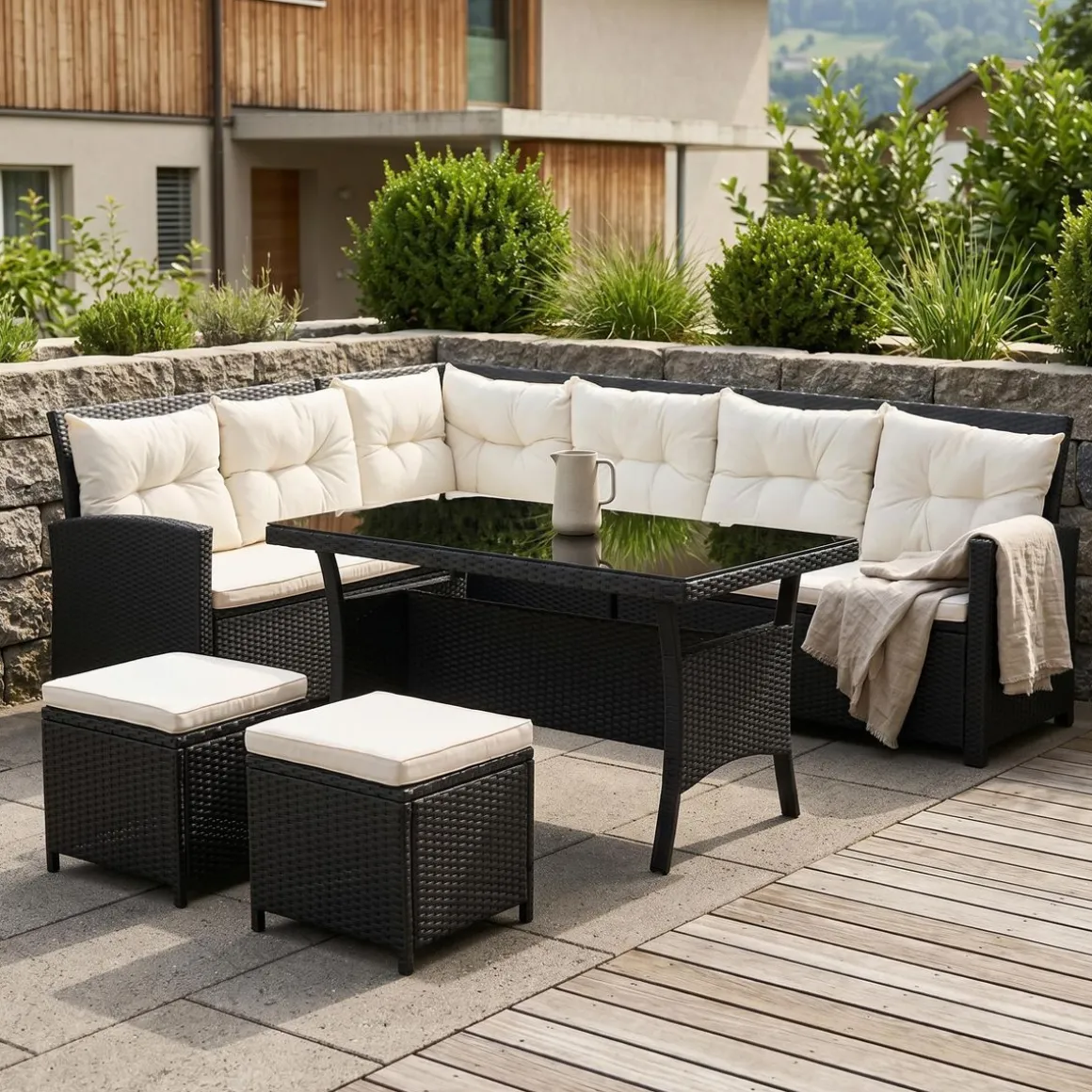 Rattanlounge CANNES schwarz/beige