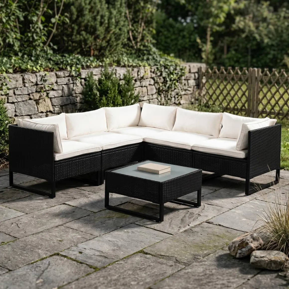 Rattanlounge CAPITOLA schwarz/weiss