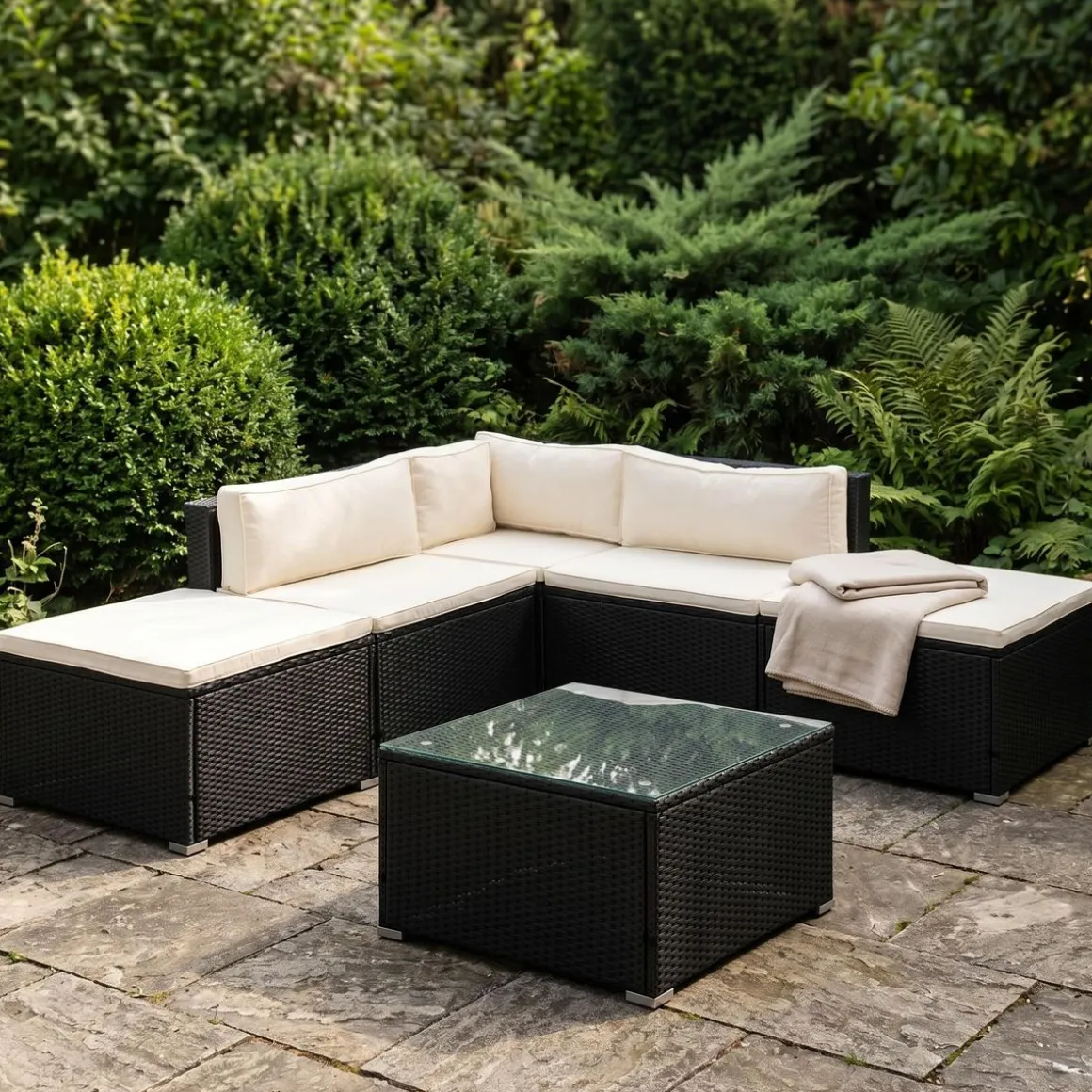 Rattanlounge FARO schwarz/beige