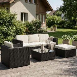 Rattanlounge KAPSTADT schwarz/beige