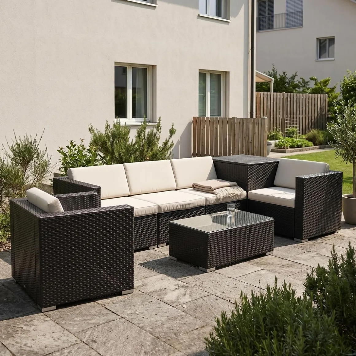 Rattanlounge mit Kissenbox BORA BORA schwarz/weiss