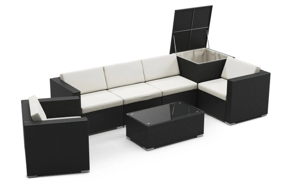 Rattanlounge mit Kissenbox BORA BORA schwarz/weiss