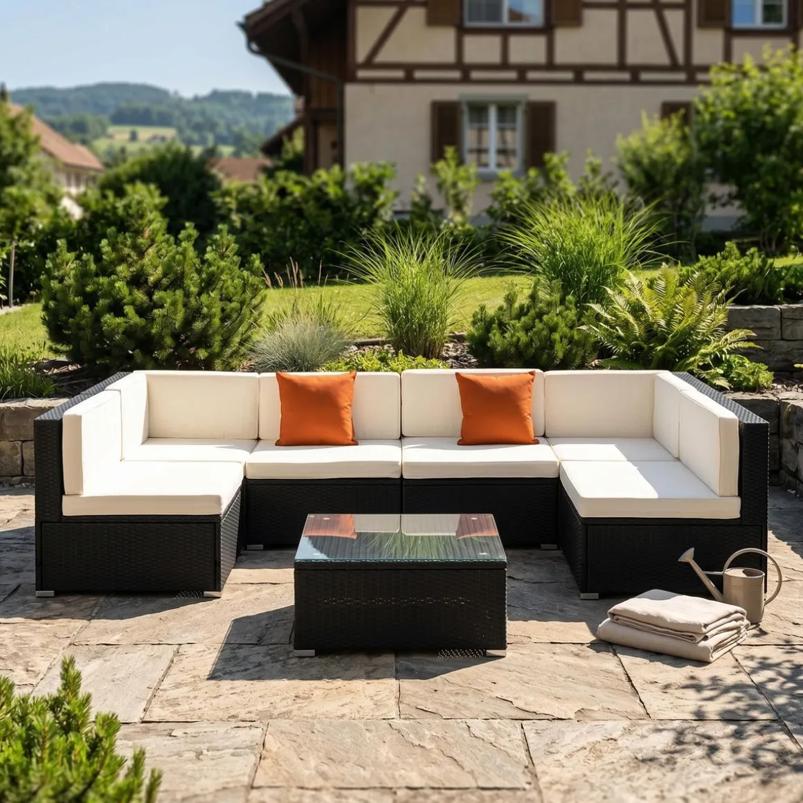 Rattanlounge RAVENNA schwarz/beige