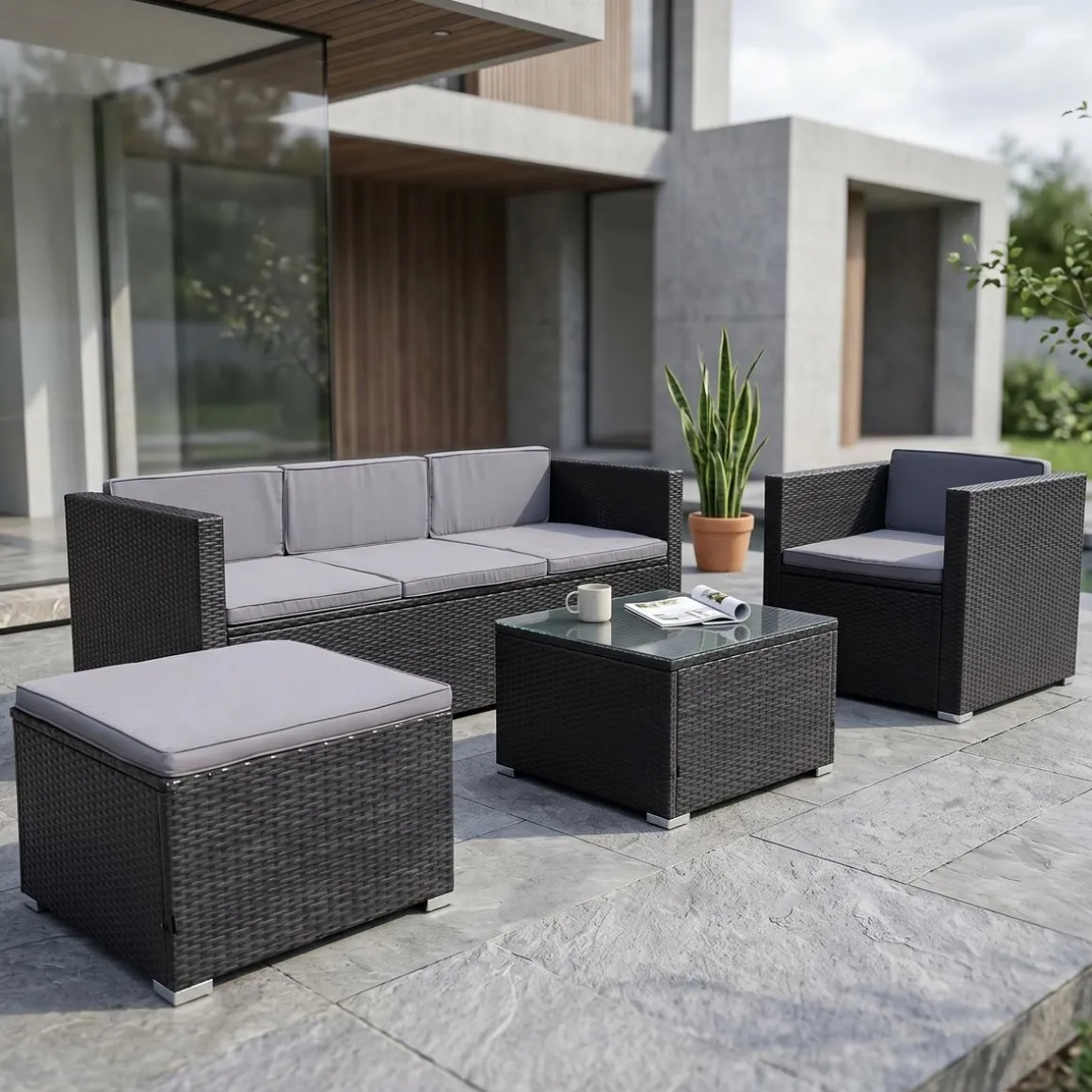 Rattanlounge SALERNO schwarz/anthrazit
