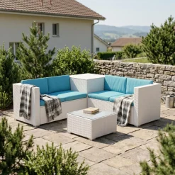 Rattanlounge SAN MARINO weiss/türkis