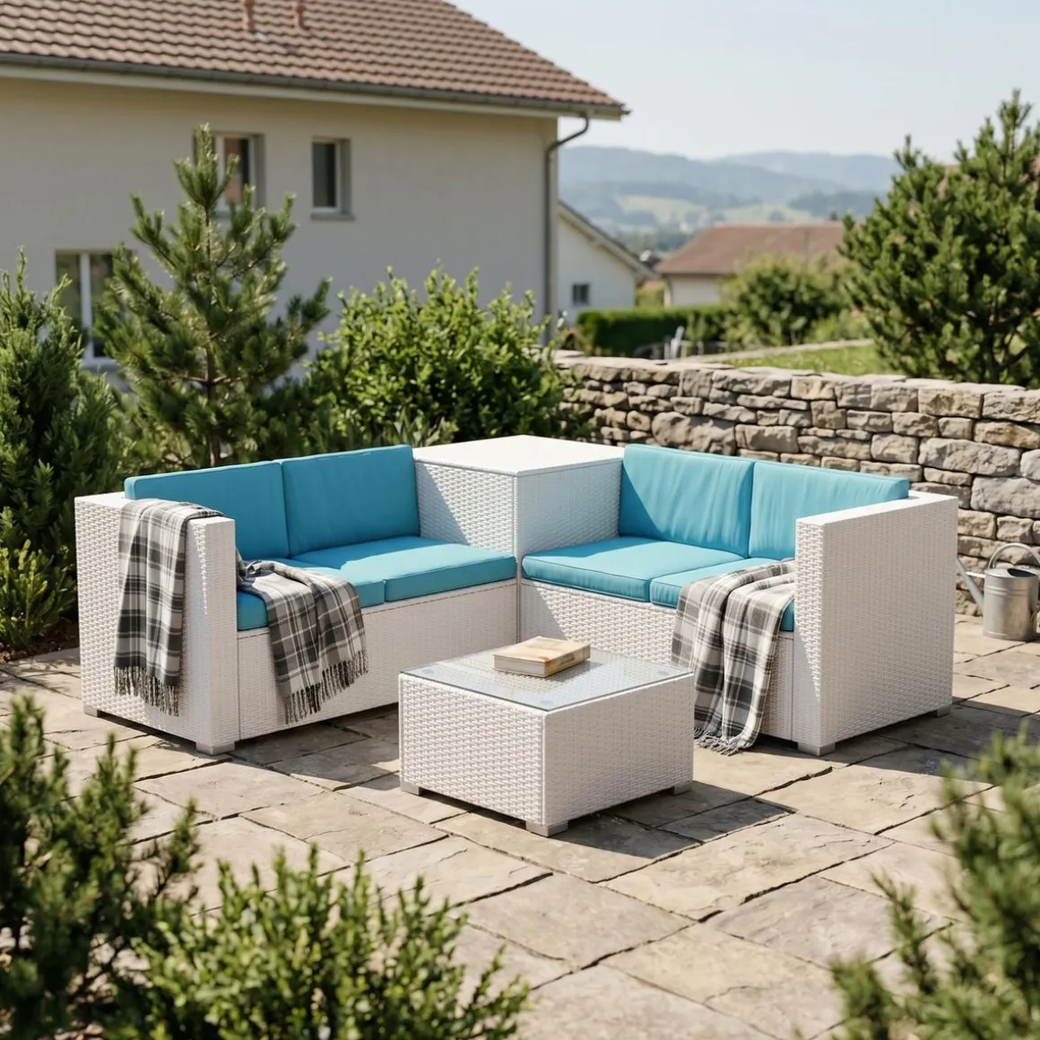 Rattanlounge SAN MARINO weiss/türkis