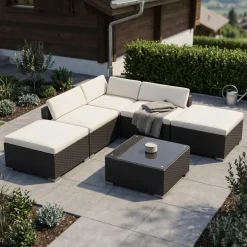 Rattanlounge TEXAS schwarz/weiss