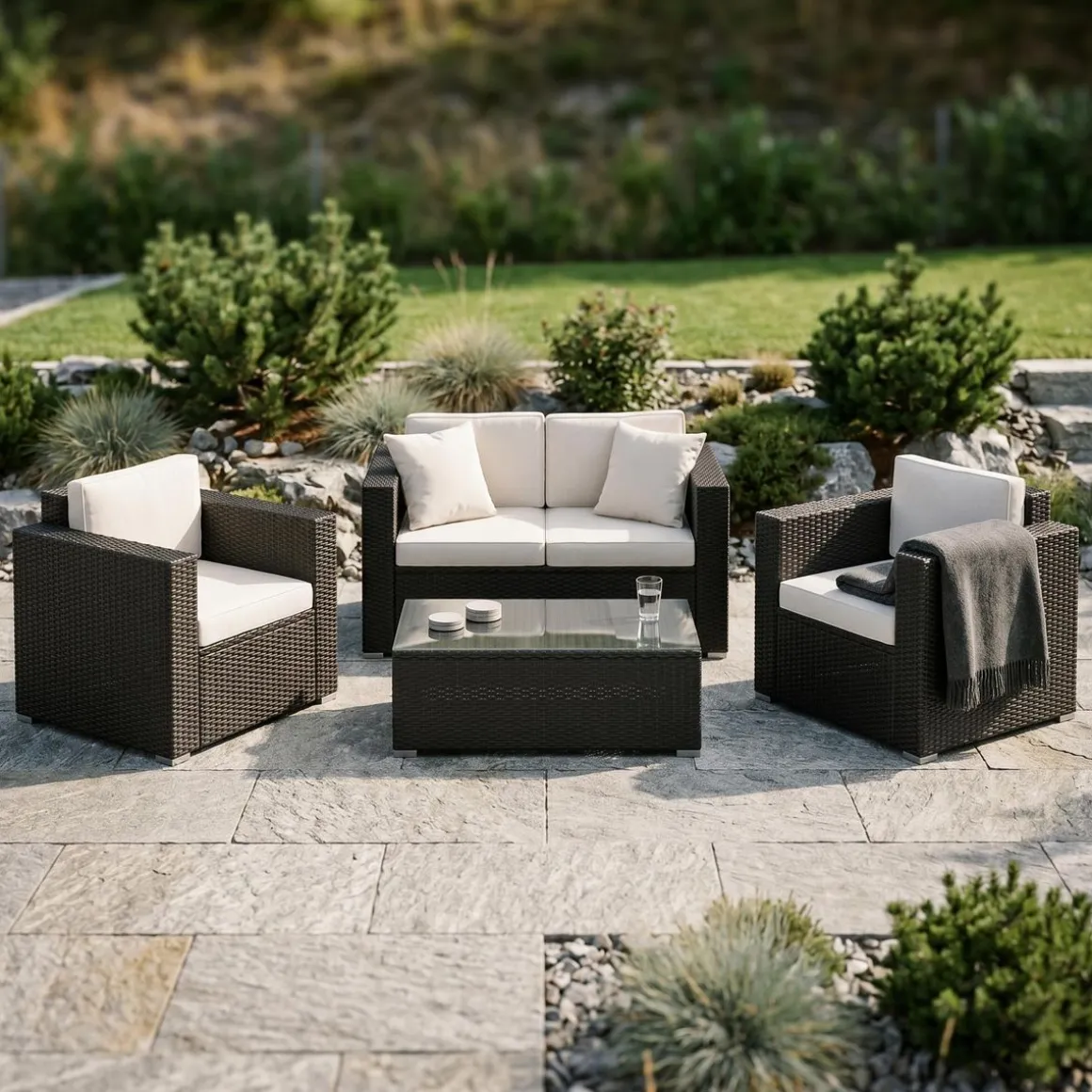 Rattanlounge VENEZIA schwarz/weiss