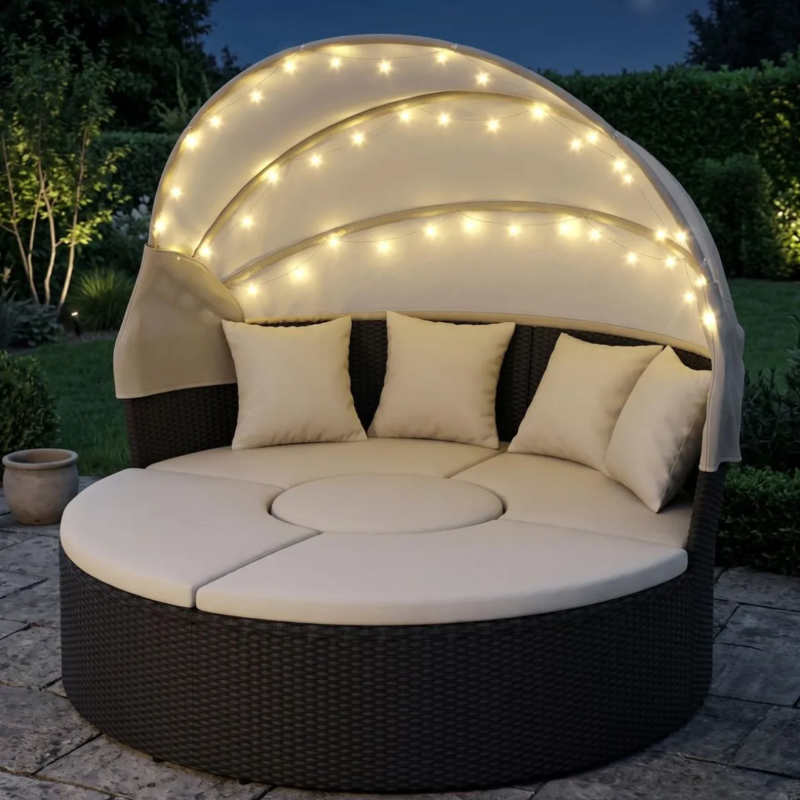 Rattan Sonneninsel mit LED PULA schwarz/beige