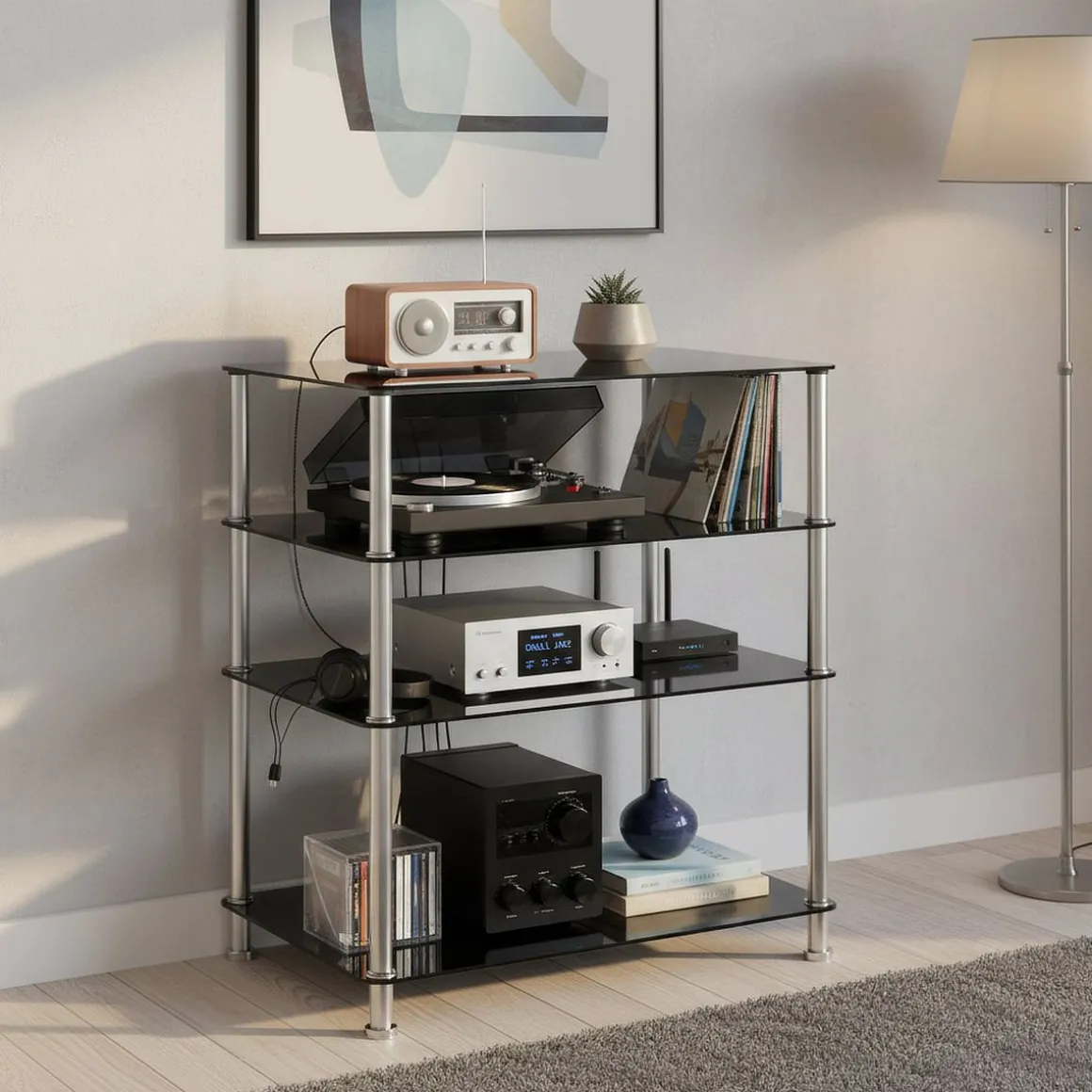Regal HiFi Glas mit 5 Ebenen 60 x 80 cm schwarz/silber