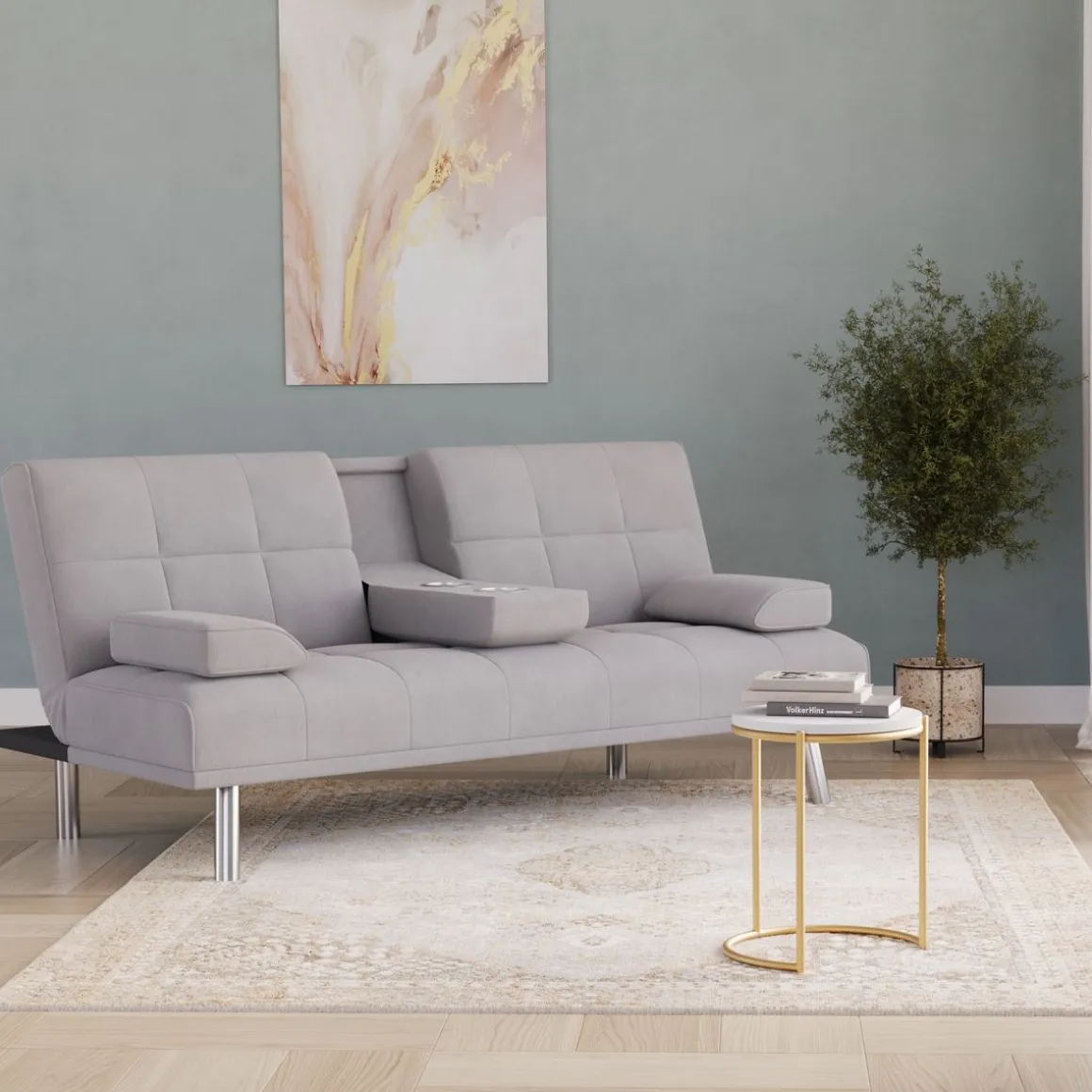 Schlafsofa POLLY mit Getränkehalter grau