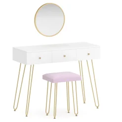 Schminktisch mit Hocker und Spiegel APHRODITE 100 x 40 cm weiss/gold/rosa