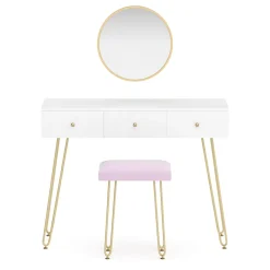 Schminktisch mit Hocker und Spiegel APHRODITE 100 x 40 cm weiss/gold/rosa