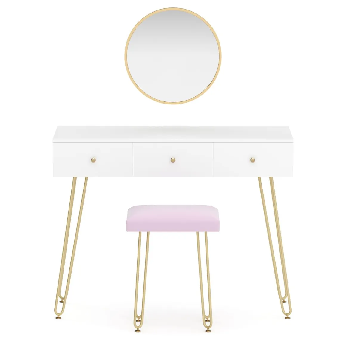 Schminktisch mit Hocker und Spiegel APHRODITE 100 x 40 cm weiss/gold/rosa
