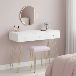 Schminktisch mit Hocker und Spiegel APHRODITE 100 x 40 cm weiss/gold/rosa