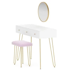 Schminktisch mit Hocker und Spiegel APHRODITE 100 x 40 cm weiss/gold/rosa