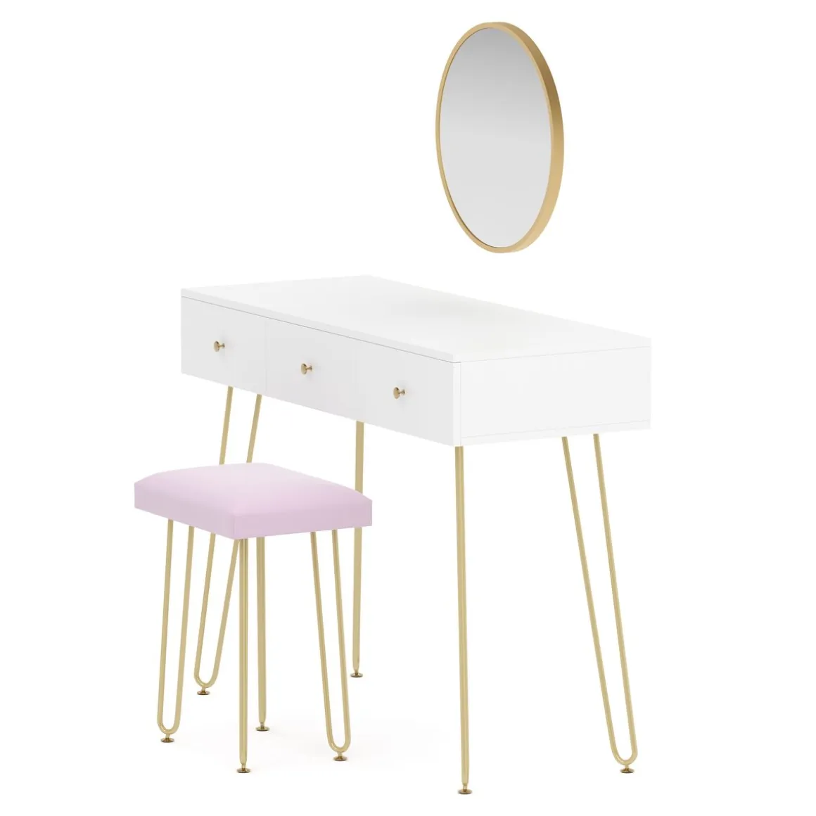 Schminktisch mit Hocker und Spiegel APHRODITE 100 x 40 cm weiss/gold/rosa