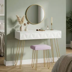 Schminktisch mit Hocker und Spiegel ELEONORA 100 x 40 cm weiss/gold/rosa