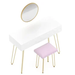 Schminktisch mit Hocker und Spiegel ELEONORA 100 x 40 cm weiss/gold/rosa