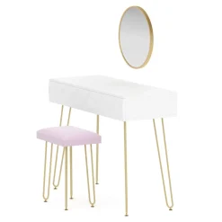 Schminktisch mit Hocker und Spiegel ELEONORA 100 x 40 cm weiss/gold/rosa