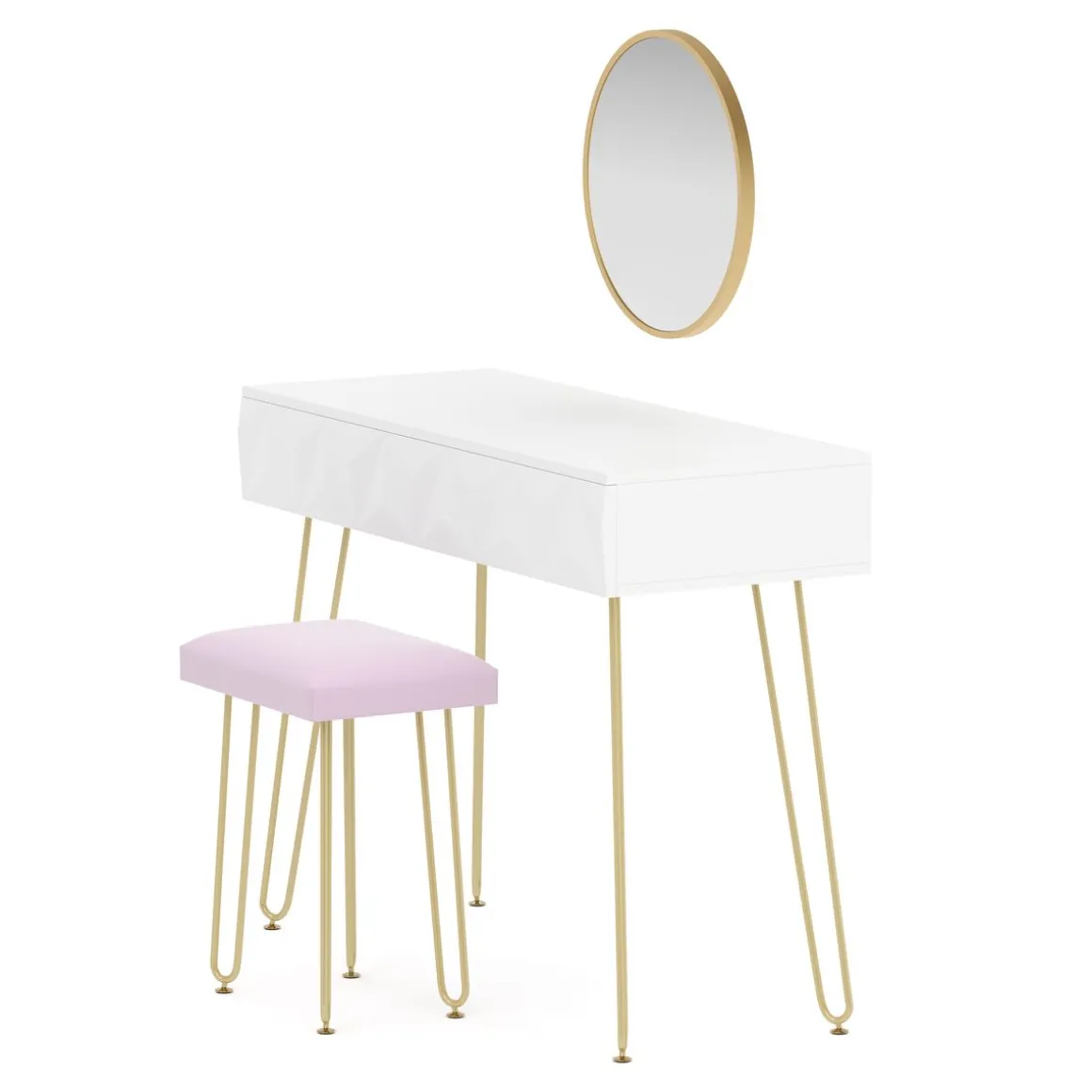 Schminktisch mit Hocker und Spiegel ELEONORA 100 x 40 cm weiss/gold/rosa