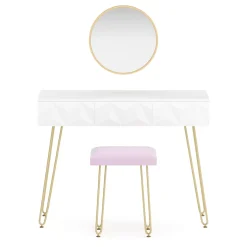 Schminktisch mit Hocker und Spiegel ELEONORA 100 x 40 cm weiss/gold/rosa