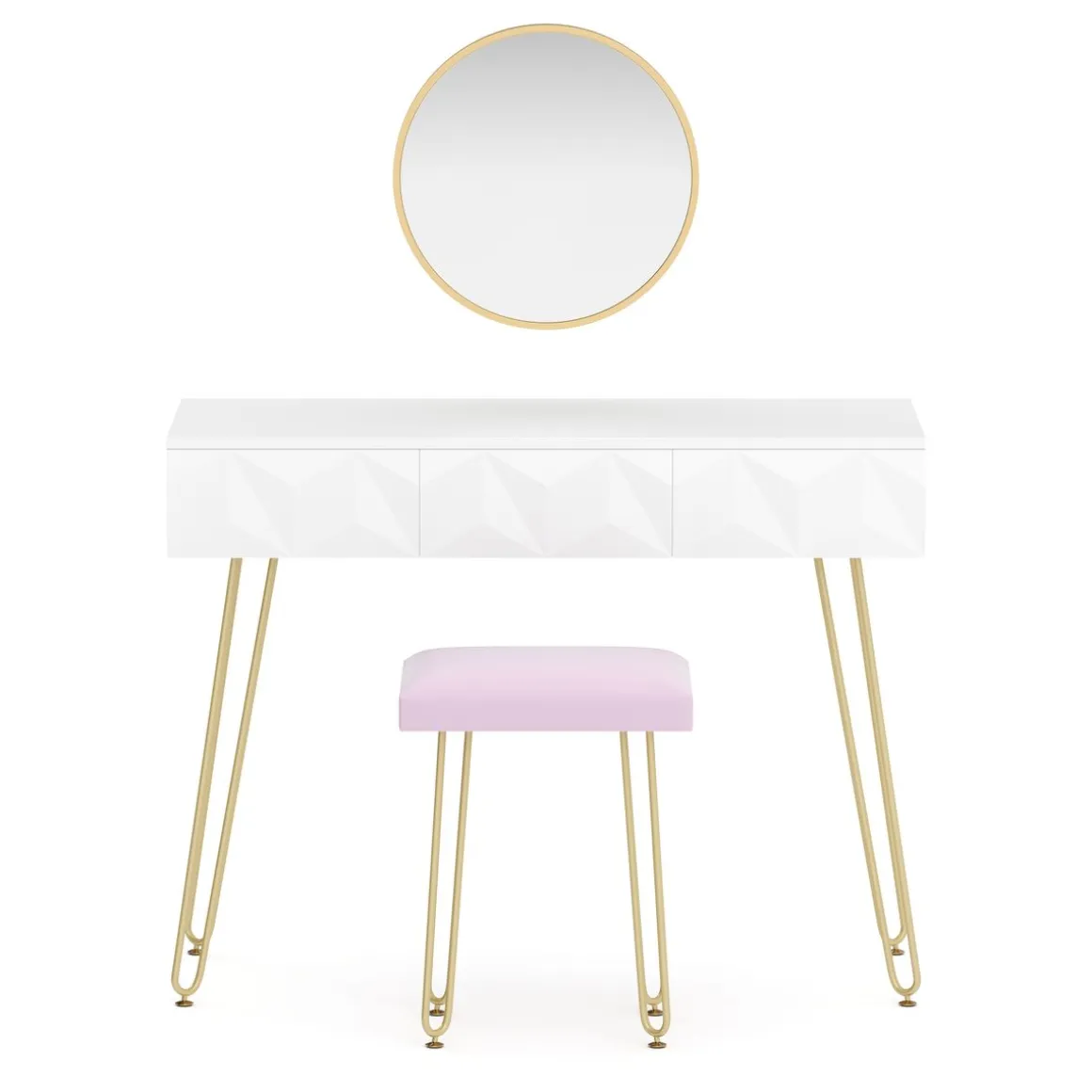 Schminktisch mit Hocker und Spiegel ELEONORA 100 x 40 cm weiss/gold/rosa