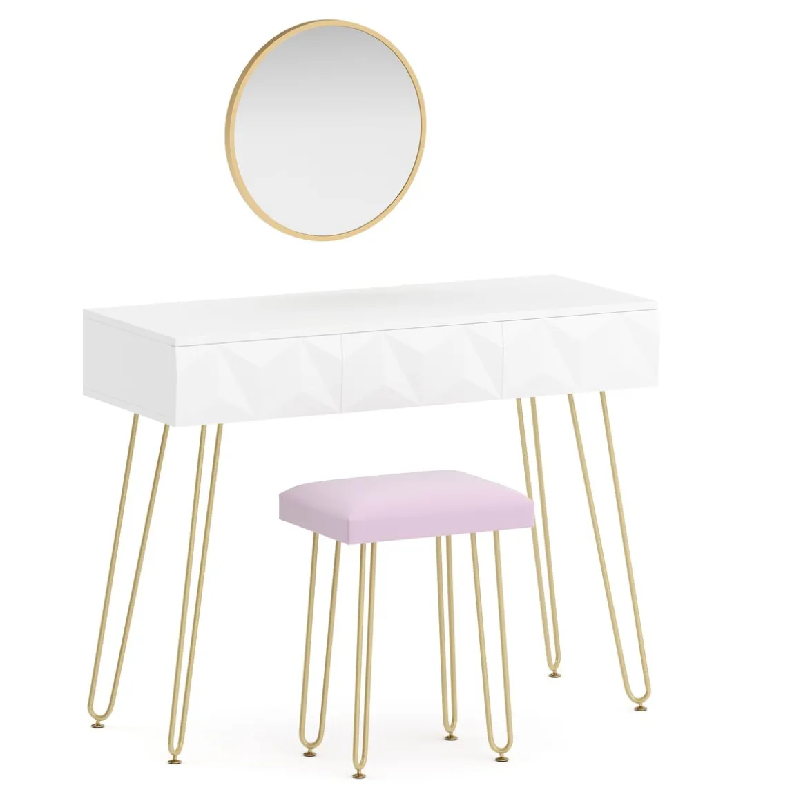 Schminktisch mit Hocker und Spiegel ELEONORA 100 x 40 cm weiss/gold/rosa