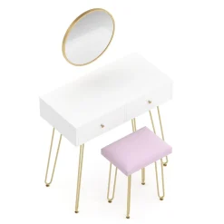 Schminktisch mit Hocker und Spiegel APHRODITE 80 x 40 cm weiss/gold/rosa