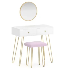 Schminktisch mit Hocker und Spiegel APHRODITE 80 x 40 cm weiss/gold/rosa