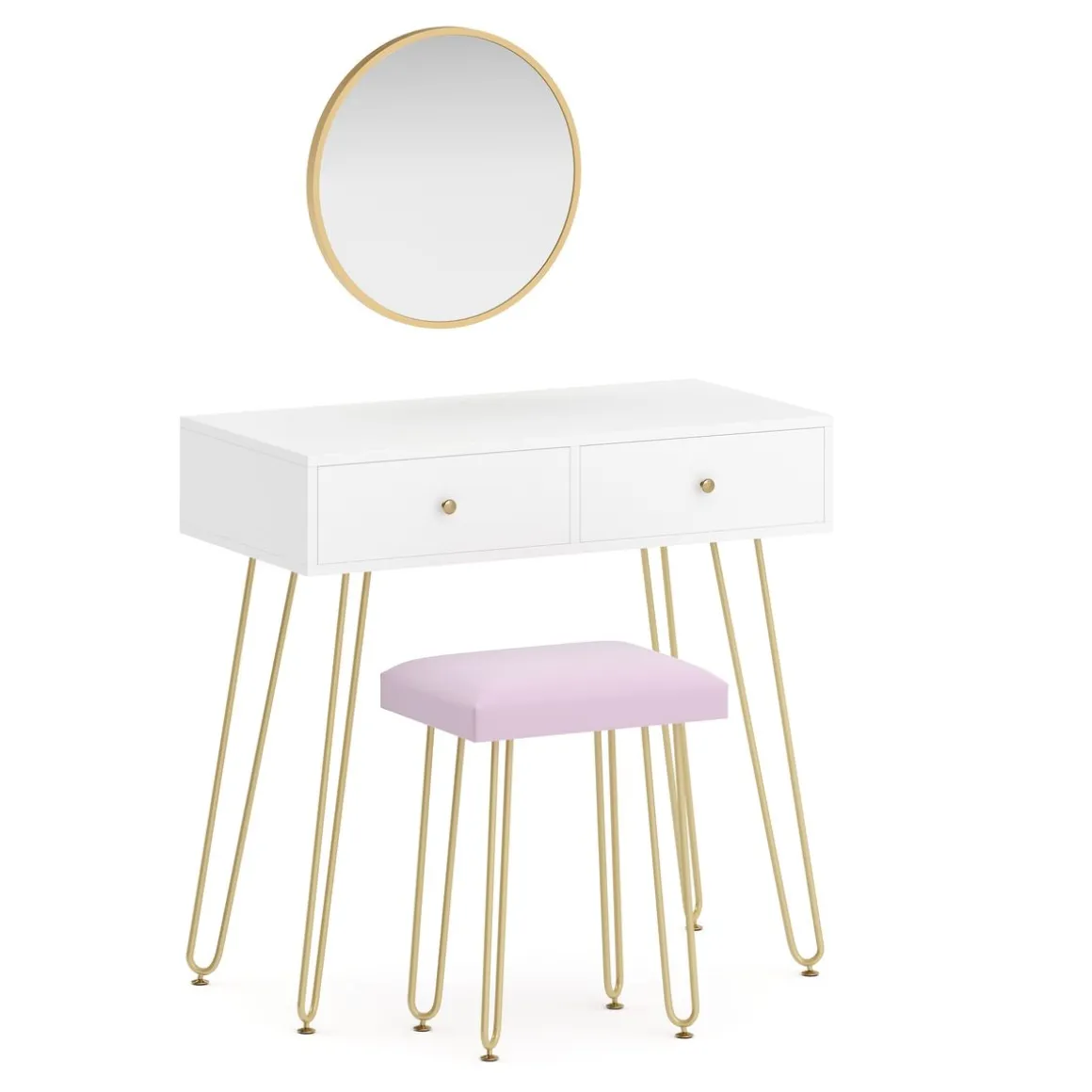 Schminktisch mit Hocker und Spiegel APHRODITE 80 x 40 cm weiss/gold/rosa