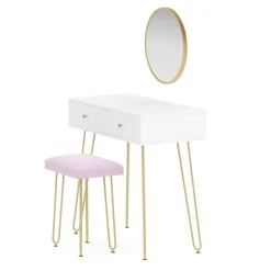Schminktisch mit Hocker und Spiegel APHRODITE 80 x 40 cm weiss/gold/rosa