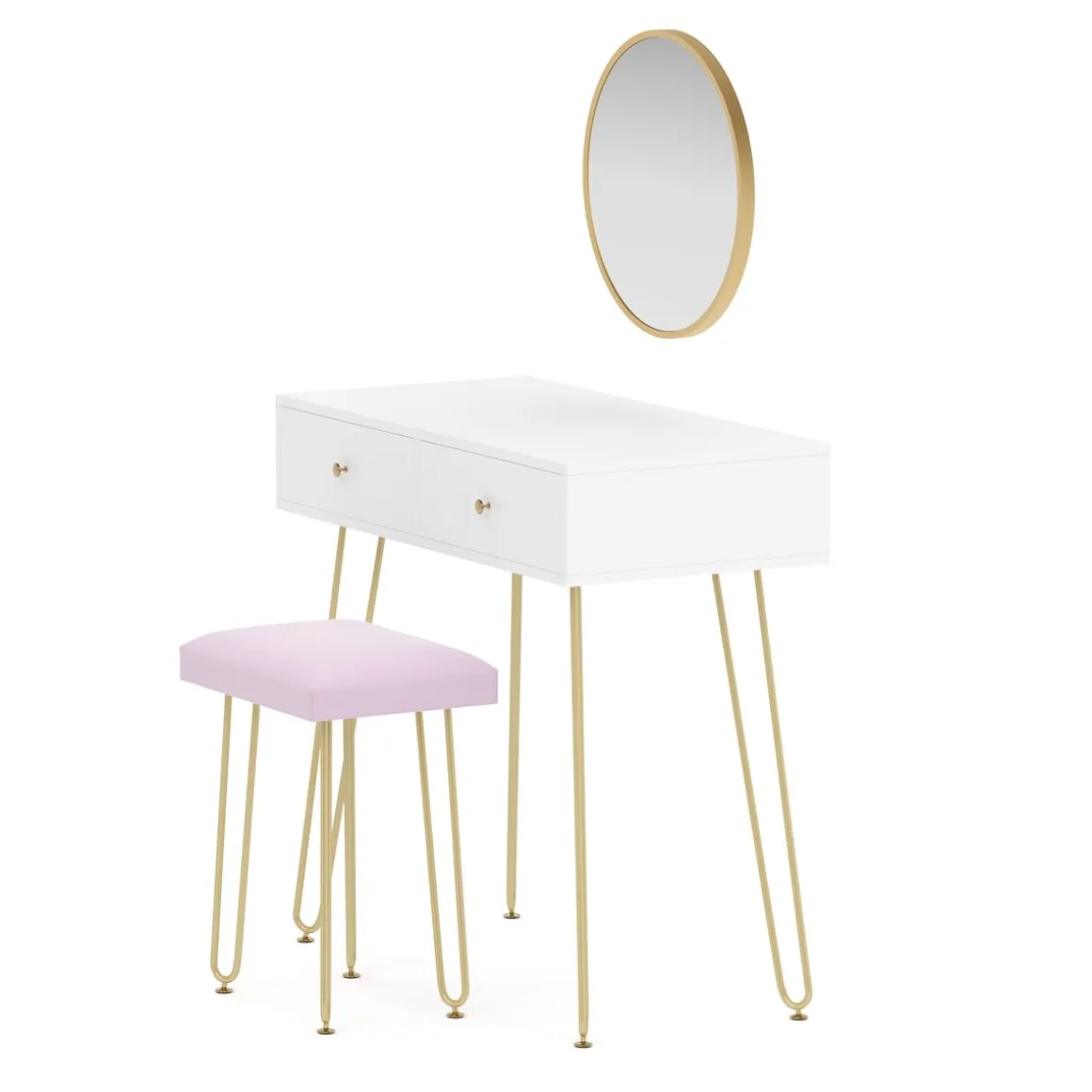 Schminktisch mit Hocker und Spiegel APHRODITE 80 x 40 cm weiss/gold/rosa
