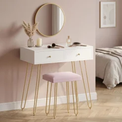 Schminktisch mit Hocker und Spiegel APHRODITE 80 x 40 cm weiss/gold/rosa