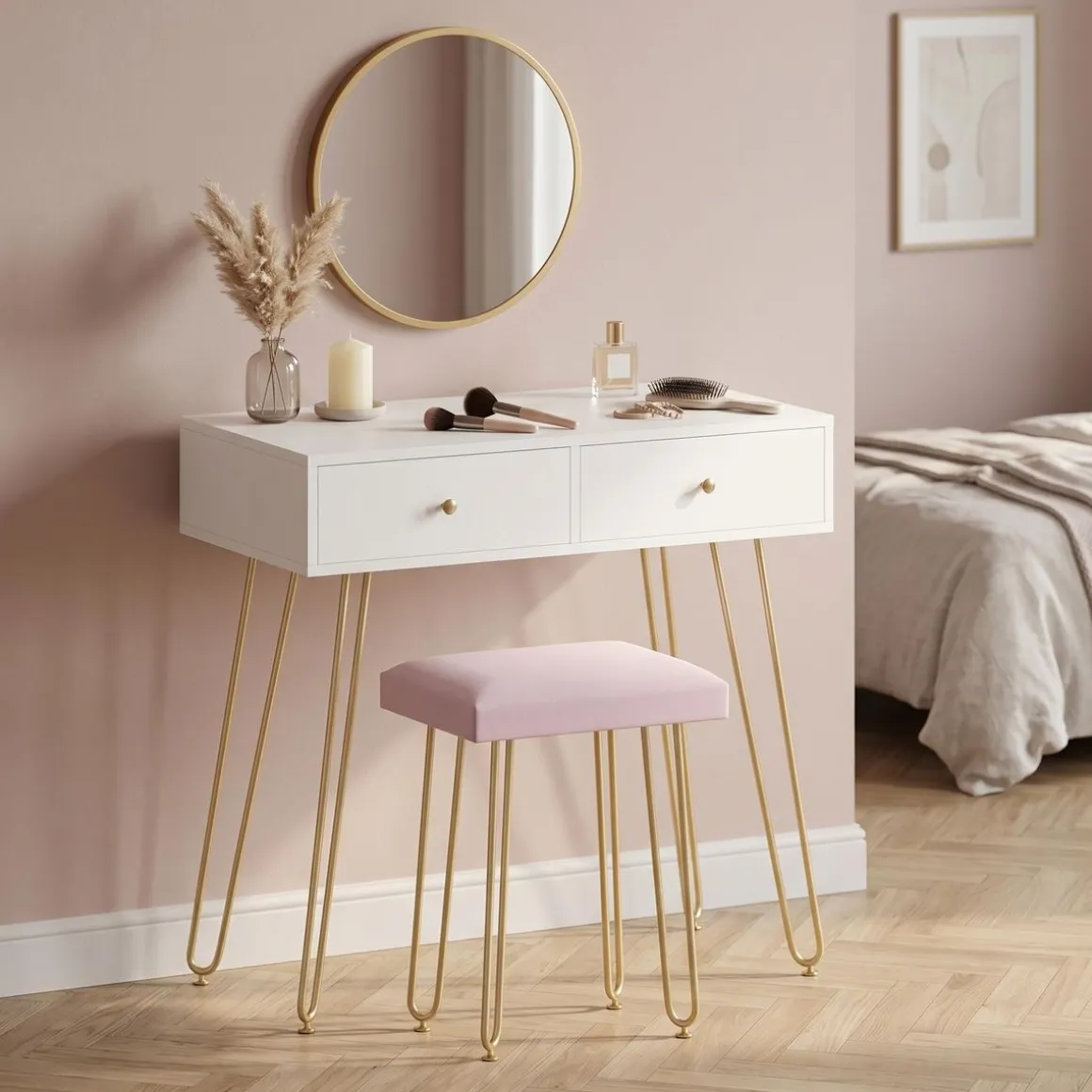 Schminktisch mit Hocker und Spiegel APHRODITE 80 x 40 cm weiss/gold/rosa