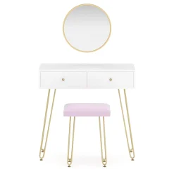 Schminktisch mit Hocker und Spiegel APHRODITE 80 x 40 cm weiss/gold/rosa