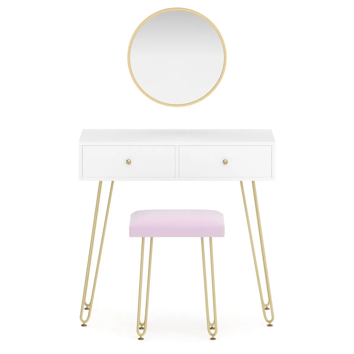 Schminktisch mit Hocker und Spiegel APHRODITE 80 x 40 cm weiss/gold/rosa