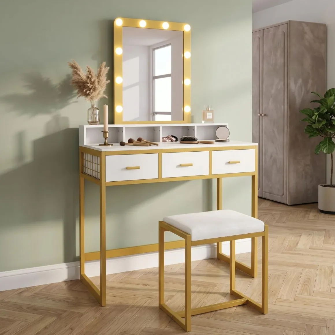 Schminktisch mit Licht FRANCESCA weiss/gold