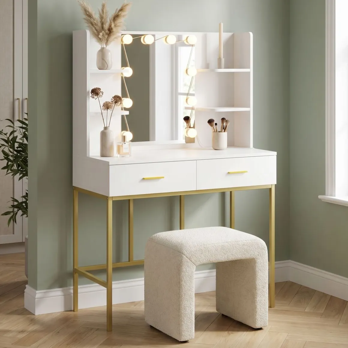 Schminktisch mit Licht SELENE weiss/gold