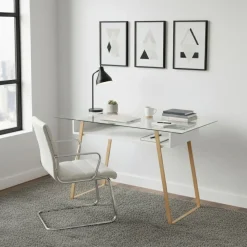 Schreibtisch Glas NEBULA mit Stauraum 110 x 55 x 75 cm weiss/braun