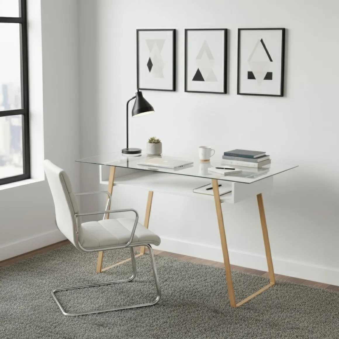 Schreibtisch Glas NEBULA mit Stauraum 110 x 55 x 75 cm weiss/braun