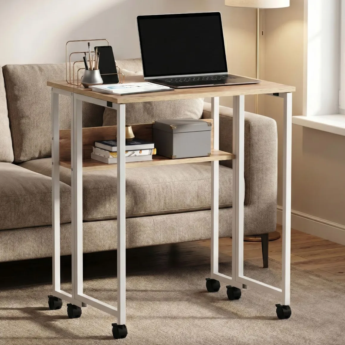 Schreibtisch klappbar auf Rollen DUNE 63 x 50 x 75 cm hellbraun/weiss