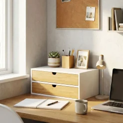 Schreibtisch Organizer Bambus ALVORA 2 Schubladen weiss/natur