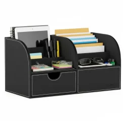 Schreibtisch Organizer mit Schublade Leder schwarz