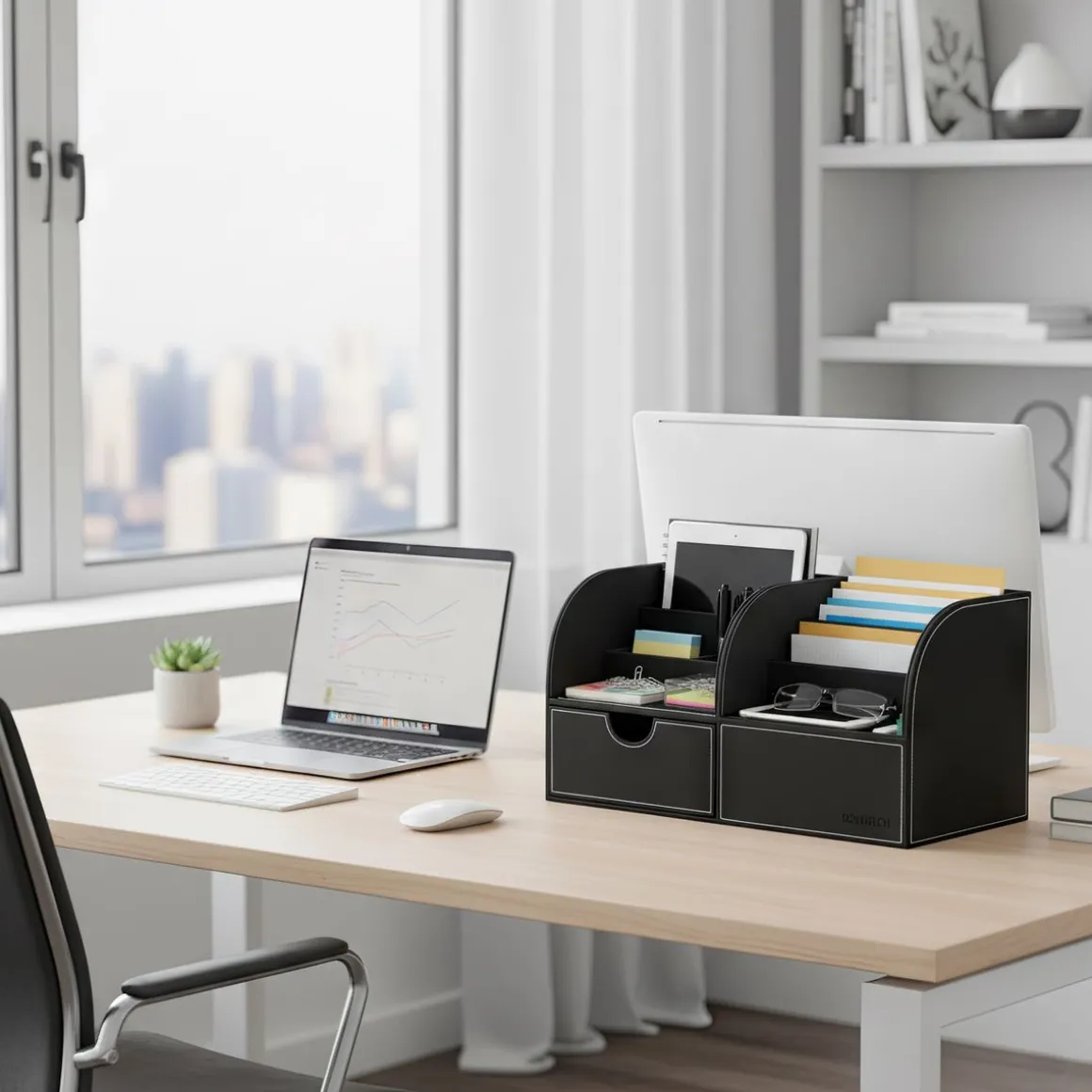 Schreibtisch Organizer mit Schublade Leder schwarz